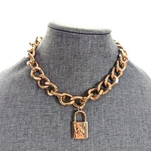 Vintage Y2K Playboy Gold Tone Cuban Chain Bunny Logo Lock Choker Necklace